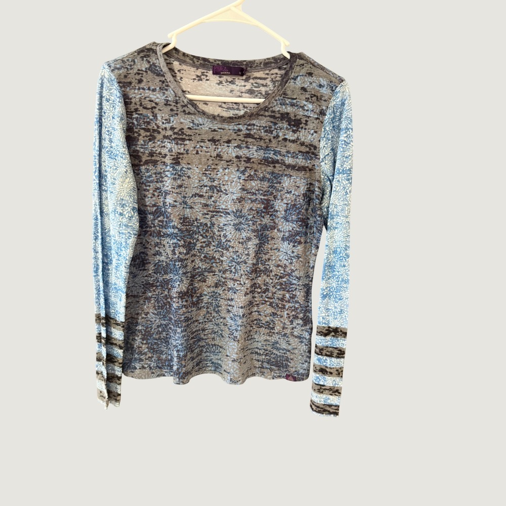 Prana Women Blue Grey Burnout Mixed Media Long Sleeve Top Size M Made in USA
